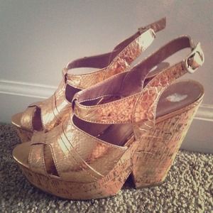 Copper metallic wedge heels, Size 8. NEVER WORN