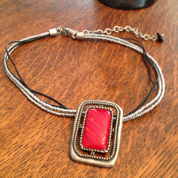 Metal Bead/Chord Choker with Red Embedded Stone - Picture 2 of 3
