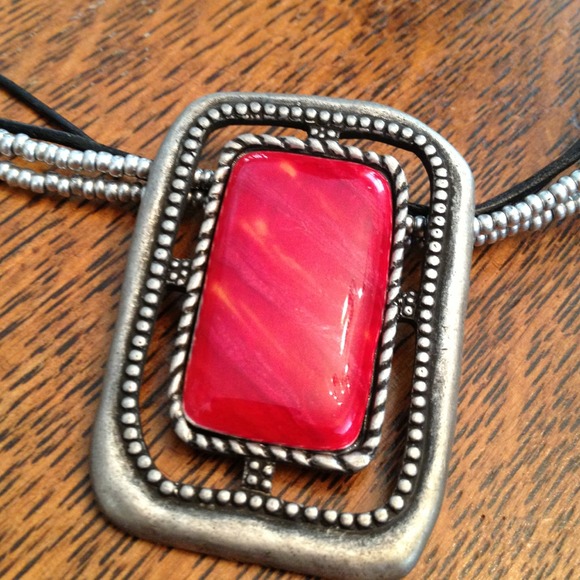 Metal Bead/Chord Choker with Red Embedded Stone - Picture 3 of 3