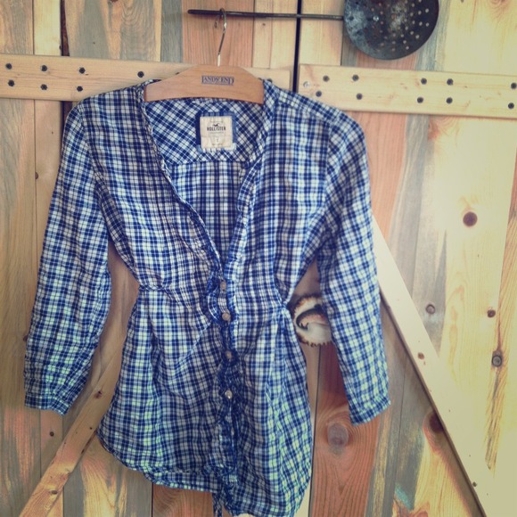 Blue and white dressy plaid top