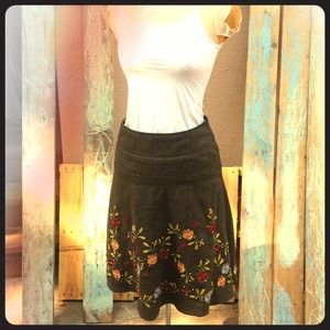 Linen Skirt Hand Embroidered Flowers