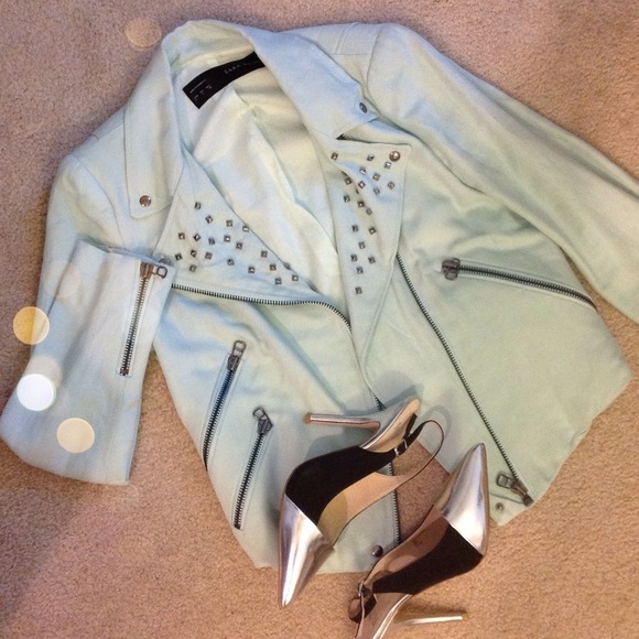 Zara Jackets & Blazers - Zara Studded Mint Moto Jacket