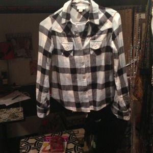 Blue, black, grey, and white plaid shirt.