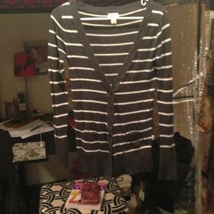 Dark grey and cream striped cardigan.