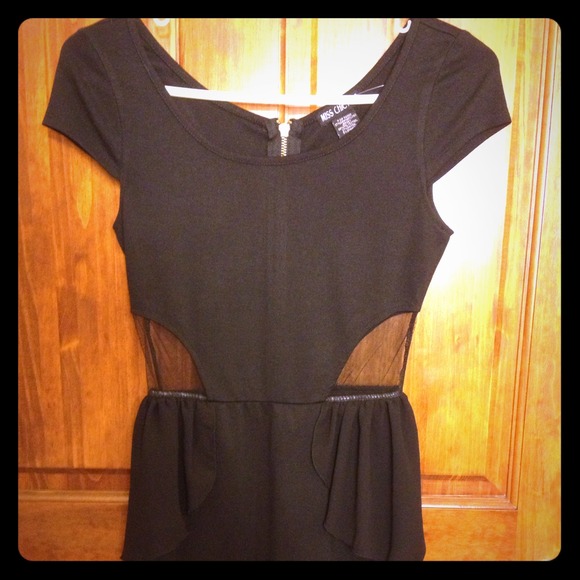 Little black peplum dress with mesh cutouts