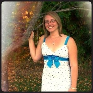 White dress w blue polka dots