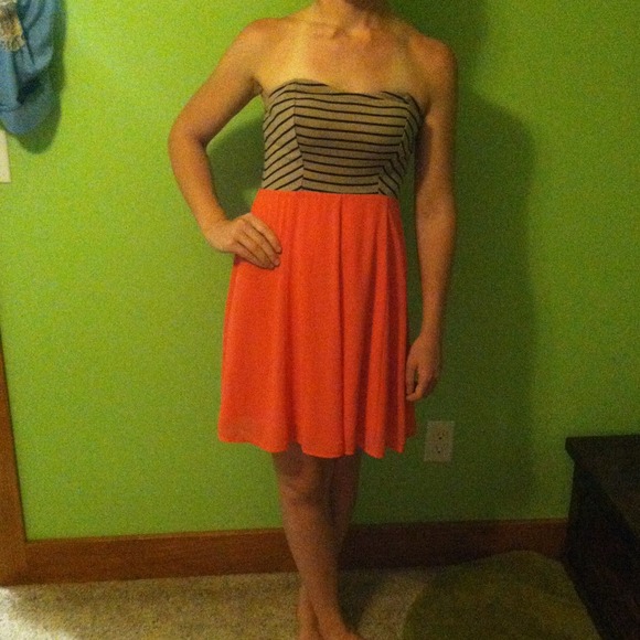 Coral chiffon, Black and Tan striped dress