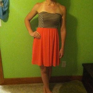 Coral chiffon, Black and Tan striped dress
