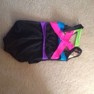 Leotard- black with green blue and pink stripes