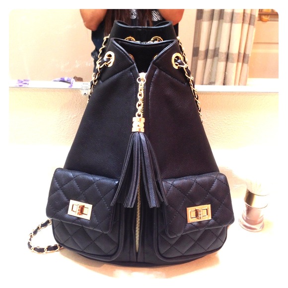 Black Leather Quilted Backpack with Gold Chains