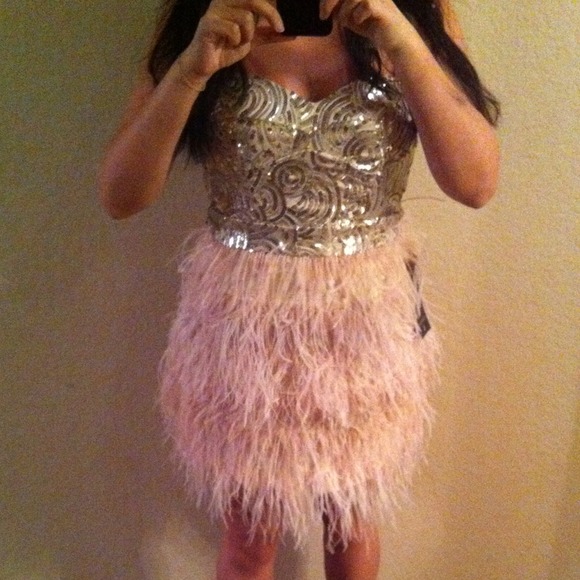 ❗️SOLD ❗️Beautiful Sequin & Feather dress by Bebe! - Picture 3 of 4