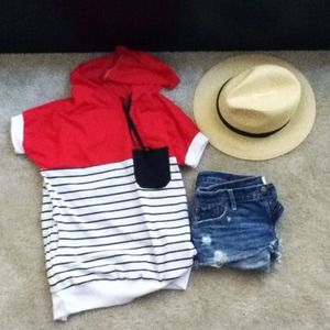 Striped short sleeve top with hood