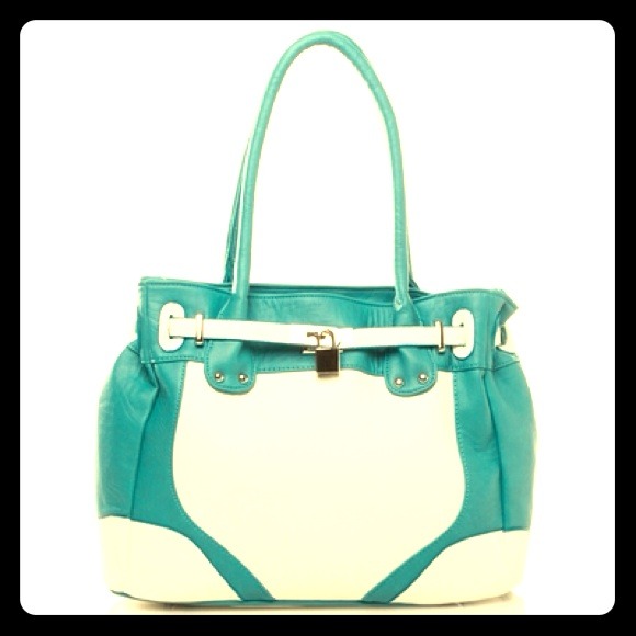 White and teal handbag from ShoeDazzle