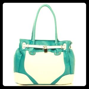 White and teal handbag from ShoeDazzle