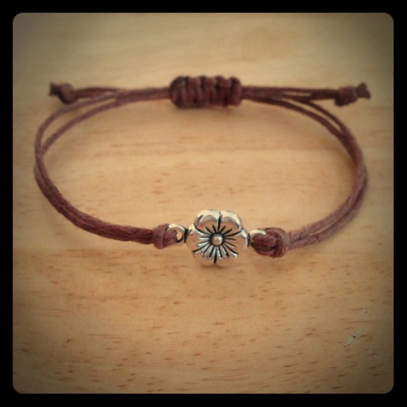 Adjustable Silver Flower Charm Brown Hemp Bracelet