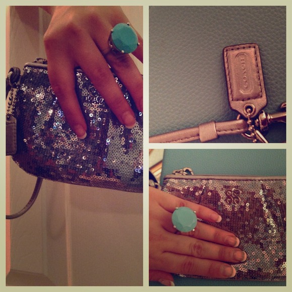 Sequined Coach Clutch, turquoise ring