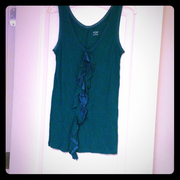 Teal a.n.a. Top. Sleeveless with ruffles.