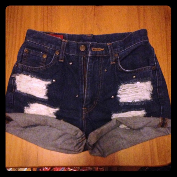 High waisted destroyed and studded shorts