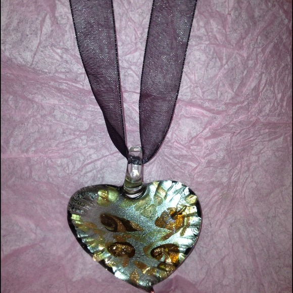 Glass Heart Pendant 1 3/4" & ribbon necklace strap