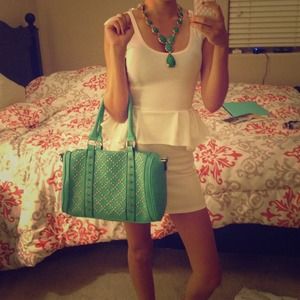 Grey sequin top and white dress