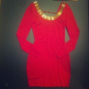 Red bodycon dress with gold beading.