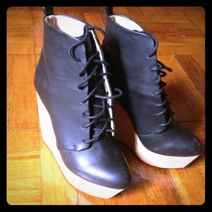 Zara Black Leather Wood Wedge Booties
