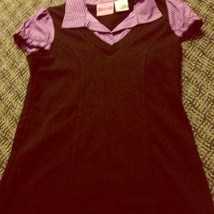 A purple collared black dress