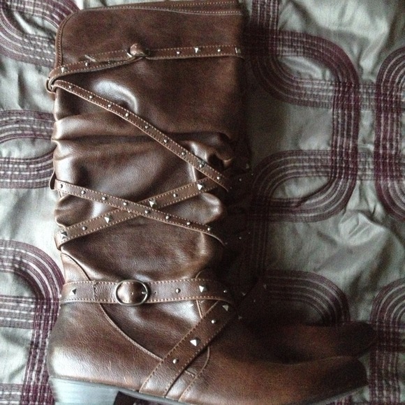 Brown Studded Buckle Boots
