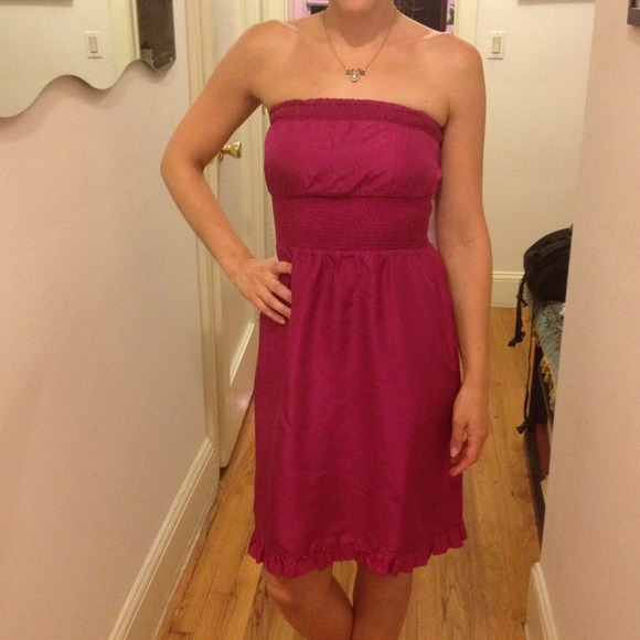 Anthropologie fuchsia silk strapless dress