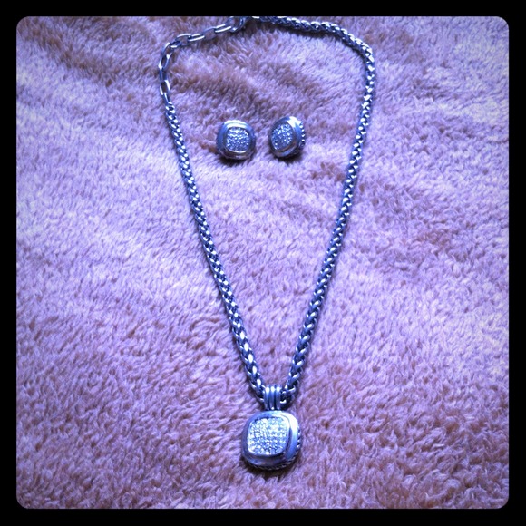 Silver square necklace with matching earrings