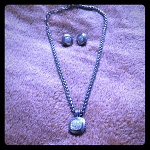 Silver square necklace with matching earrings