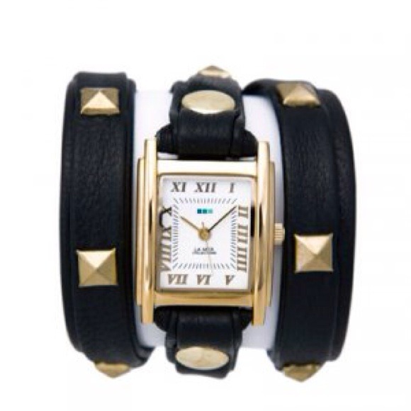 La Mer Black Wrap Watch w/ Gold Pyramid Studs