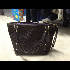 Coach purse, chocolate brown, purple satin lining