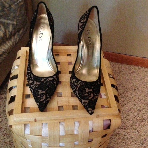 New Black Embroidered Guess Heels