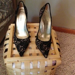 New Black Embroidered Guess Heels