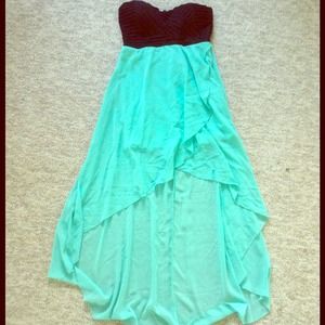 Strapless mint and black hi low dress