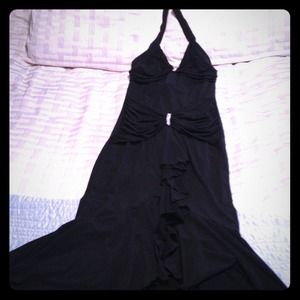 Long, black, formal dress.