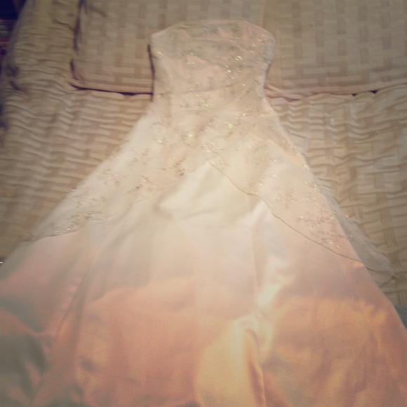 Long, formal, creme dress with golden lace.