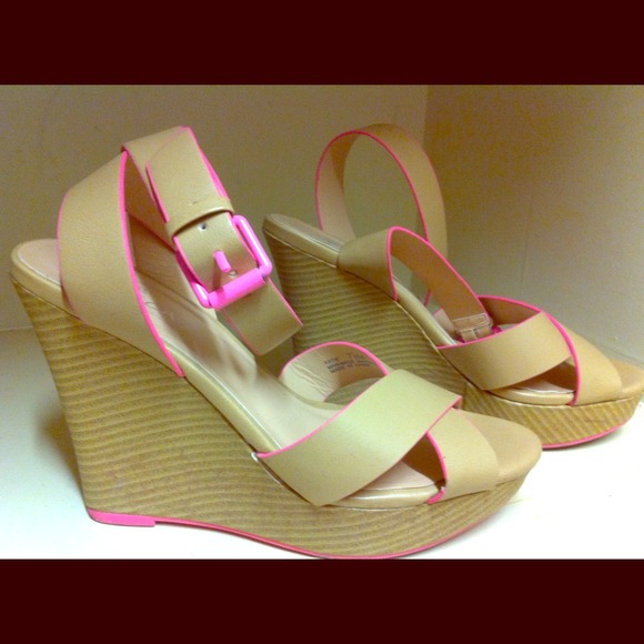 Tan and pink wedge heels