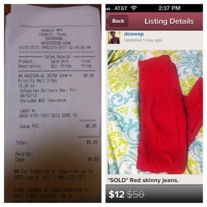 *SOLD* Red skinny jeans.