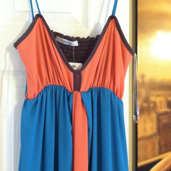 Dark teal, peach and brown dress - Picture 2 of 3