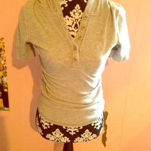 Hooded 3/4 length sleeve grey button down Tshirt