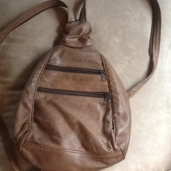 Very supple light brown leather small backpack