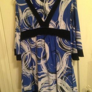 Blue dress with empire waistline.