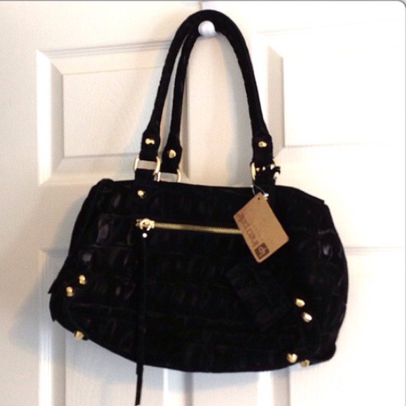 Linea Pelle Handbags - Linea  Pelle black suede crocodile speedy purse