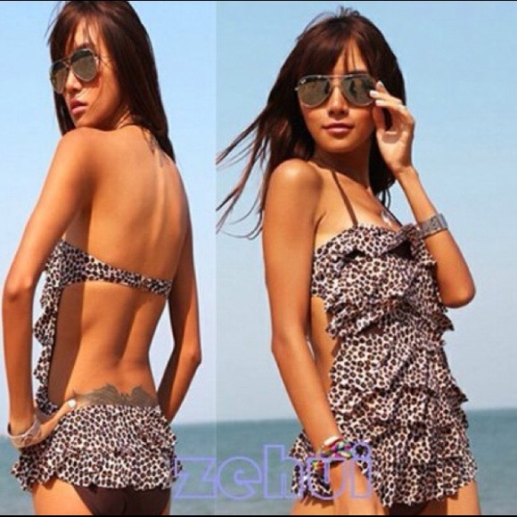 Leopard Ruffle Halter Padded Monokini Swimsuit