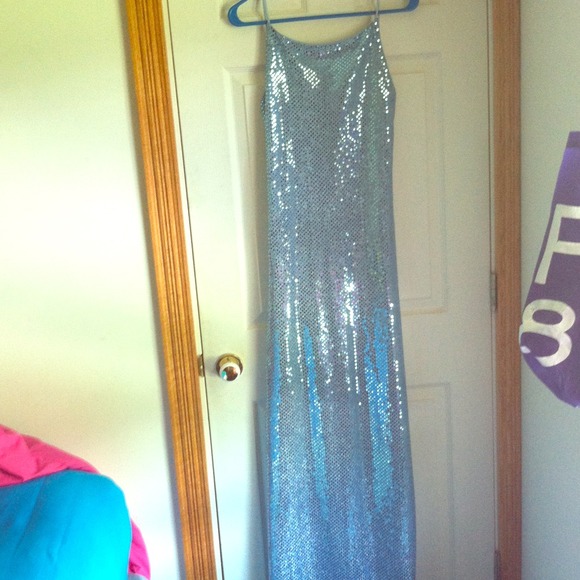 Silver, light blue, sparkly evening dress