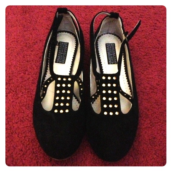 Black Suede Gold Studded Mary Jane Flats