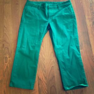 Emerald green capri shorts and tan gap pants