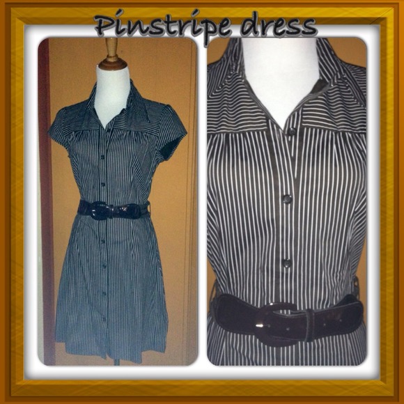 Brown belted dress with white stripes